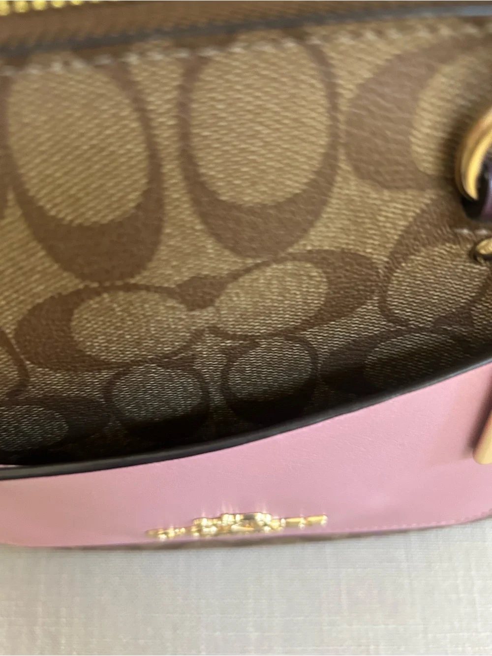 Coach Brown  Canvas Satchel Mini Emma Signature Pink Pocket and Purple Handles